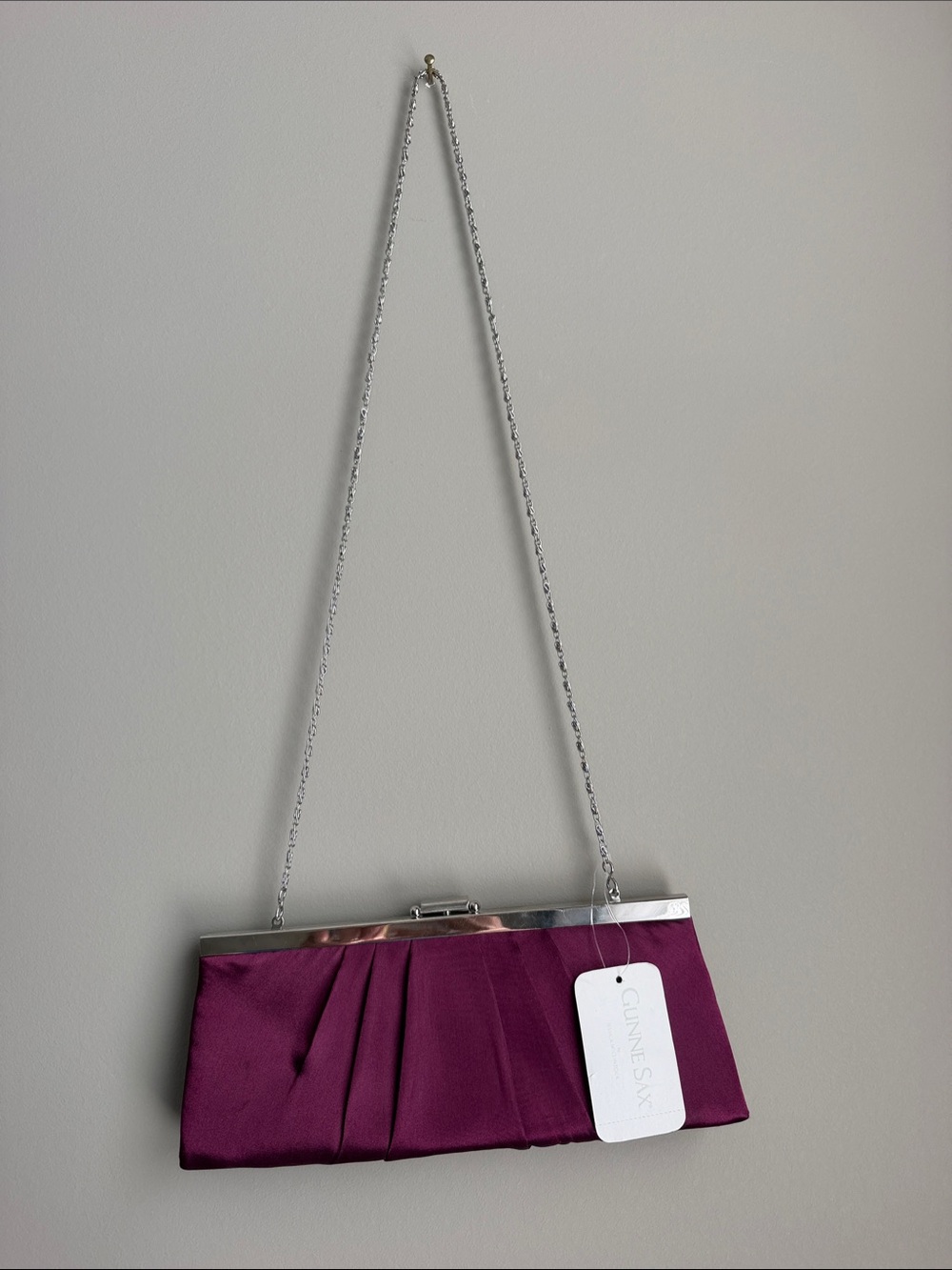Gunne Sax Maroon Satin Pleated Evening Clutch with Silver Chain New with Tags